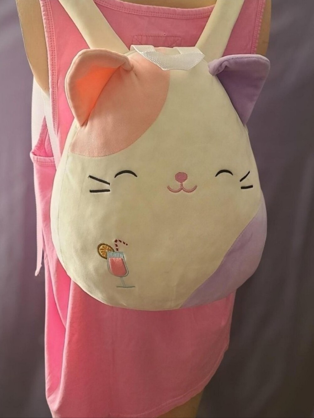 Squishmallows Charlotte Calico Cat Plush Backpack Pink Purple Drink